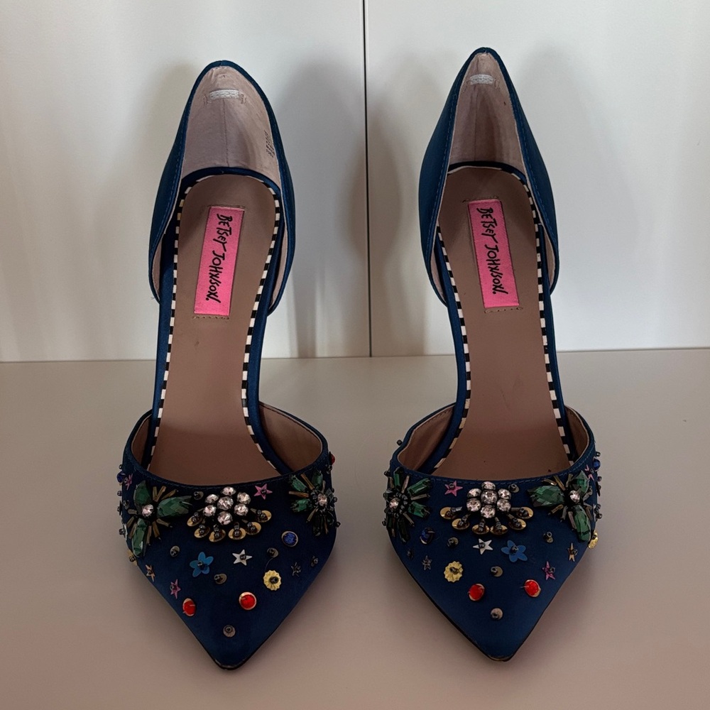 Betsey Johnson Navy Blue Embellished Pointed-Toe Heels